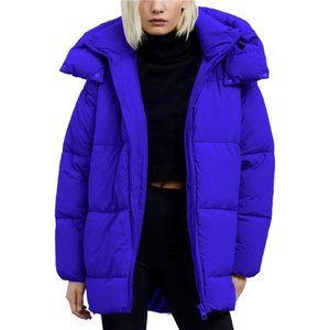 Women's Hooded Quilted Puffer Jacket Mid-Length Padded Heavyweight Coat, Blue